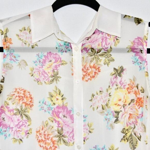 Pastel Floral High-Low Chiffon Button Up Blouse Large - Picture 2 of 3